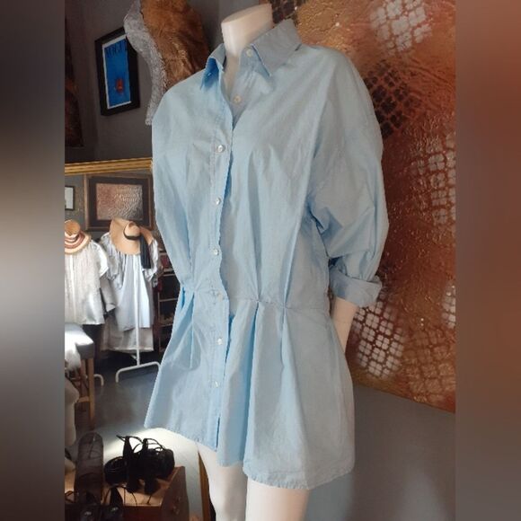 Zara 100% Cotton Light Blue Button-Up Shirt Dress - Picture 12 of 12